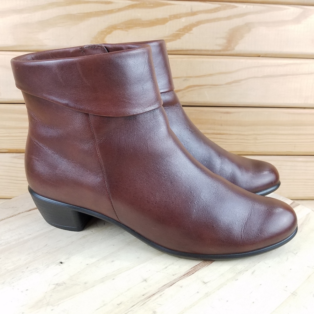 Ecco Casual Brown Leather Side Zip Heeled Ankle Boots Booties 41 EUR